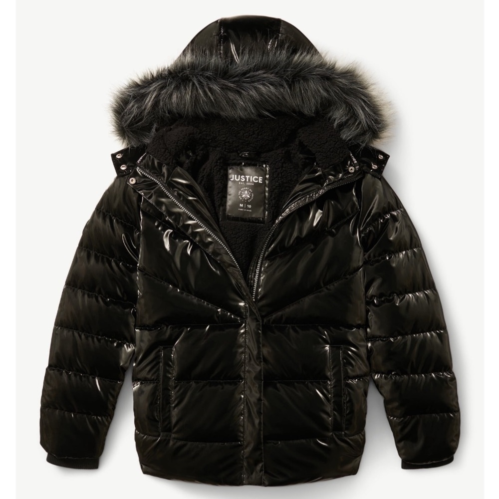 Justice Girls Puffer Jacket with Faux Fur Lined Hood